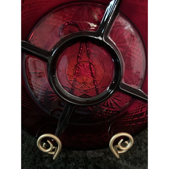 Vintage Royal Ruby Red Luminarc‎ France Divided Relish Dish Etched Pattern 10" - Picture 2 of 7
